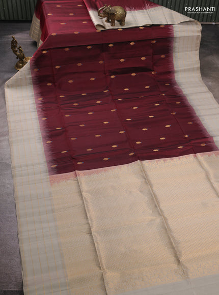Pure soft silk saree deep maroon and grey with allover zari woven buttas and zari woven border