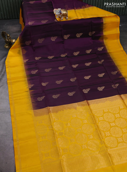 Pure soft silk saree deep wine shade and mustard yellow with allover zari woven buttas and zari woven border