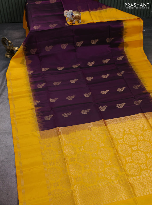Pure soft silk saree deep wine shade and mustard yellow with allover zari woven buttas and zari woven border