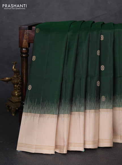 Pure soft silk saree bottle green and beige with allover zari woven buttas and rettapet zari woven border