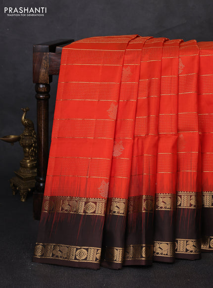 Pure soft silk saree orange and coffee brown with allover zari weaves & buttas and rettapet zari woven border