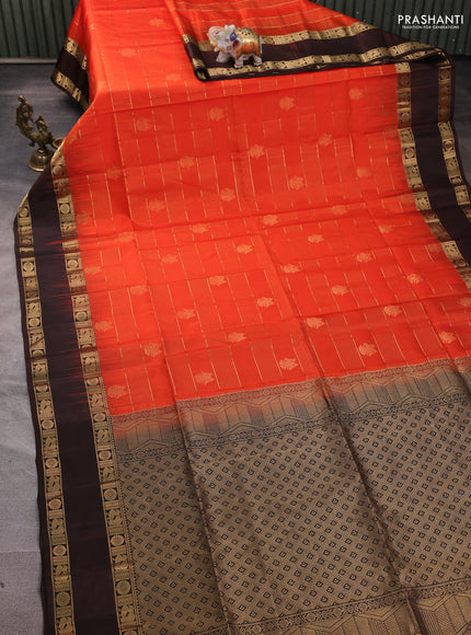 Pure soft silk saree orange and coffee brown with allover zari weaves & buttas and rettapet zari woven border