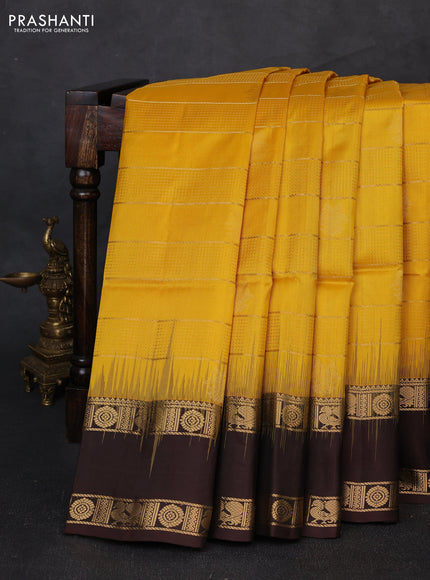 Pure soft silk saree mustard yellow and coffee brown with allover zari weaves & buttas and rettapet zari woven border