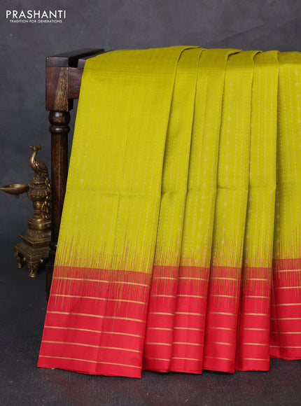 Pure soft silk saree lime green and red with allover zari weaves & buttas and zari woven border