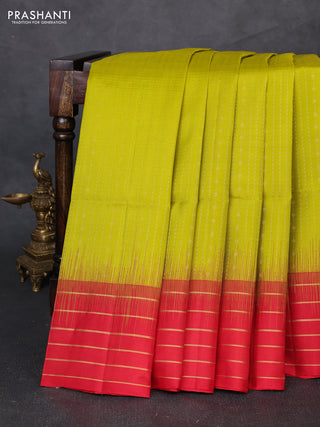 Pure soft silk saree lime green and red with allover zari weaves & buttas and zari woven border