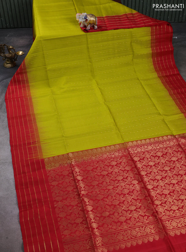 Pure soft silk saree lime green and red with allover zari weaves & buttas and zari woven border