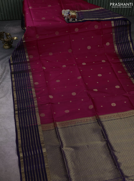 Pure soft silk saree dark pink and violet with allover zari woven buttas and zari woven border