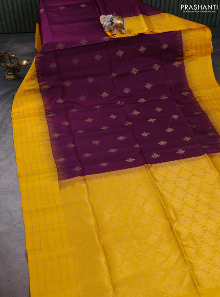 Pure soft silk saree purple and mustard yellow with allover zari woven buttas and zari woven border