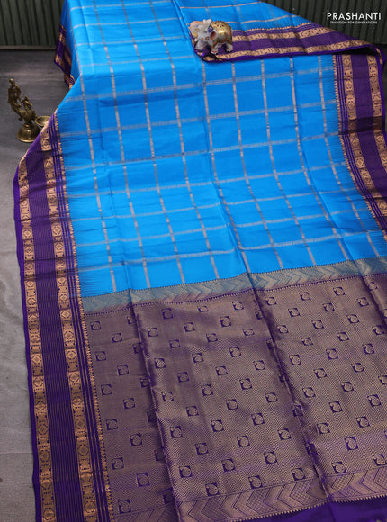 Pure soft silk saree cs blue and violet with allover zari checked pattern and zari woven border