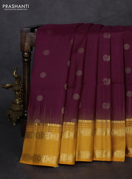 Pure soft silk saree deep wine shade and mango yellow with allover zari woven buttas and zari woven border