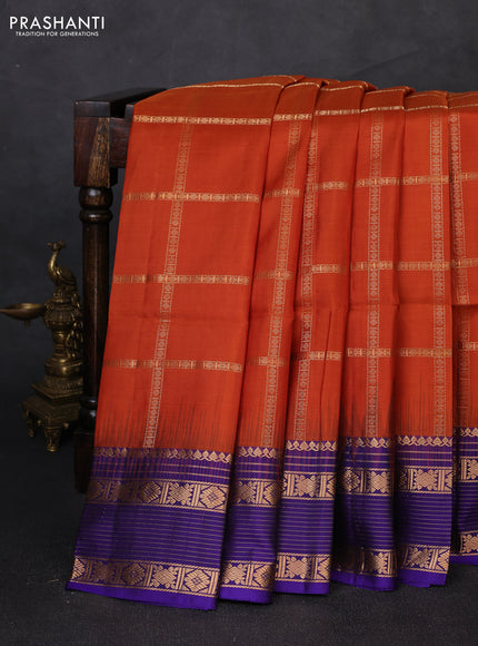 Pure soft silk saree rust shade and violet with allover zari checked pattern and zari woven border