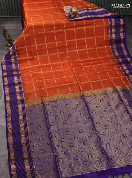 Pure soft silk saree rust shade and violet with allover zari checked pattern and zari woven border
