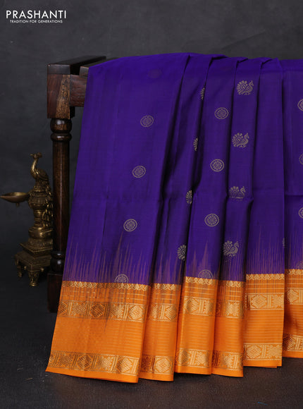 Pure soft silk saree violet and mango yellow with allover zari woven buttas and zari woven border