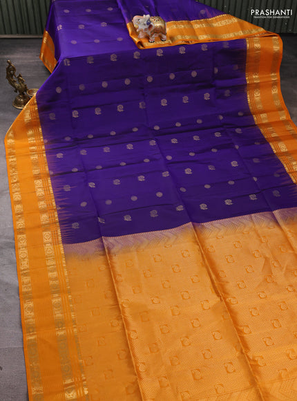 Pure soft silk saree violet and mango yellow with allover zari woven buttas and zari woven border
