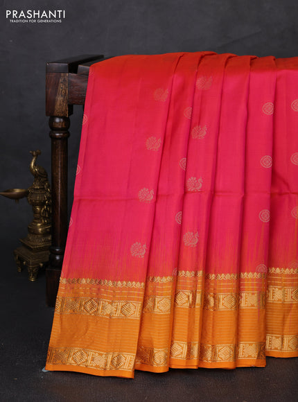 Pure soft silk saree dual shade of pinkish orange and mango yellow with allover zari woven buttas and zari woven border