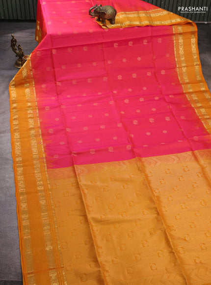 Pure soft silk saree dual shade of pinkish orange and mango yellow with allover zari woven buttas and zari woven border