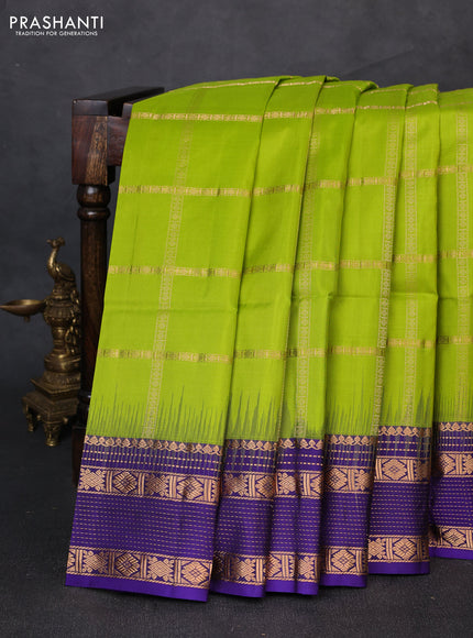 Pure soft silk saree light green and violet with allover zari checked pattern and zari woven border