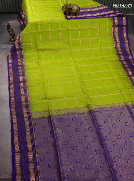 Pure soft silk saree light green and violet with allover zari checked pattern and zari woven border