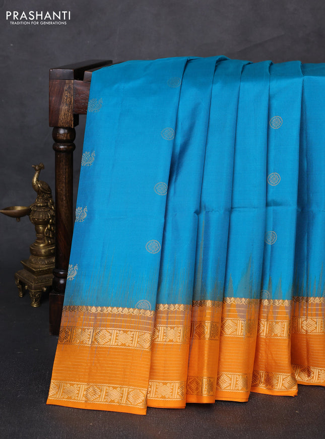 Pure soft silk saree cs blue and mango yellow with allover zari woven buttas and zari woven border