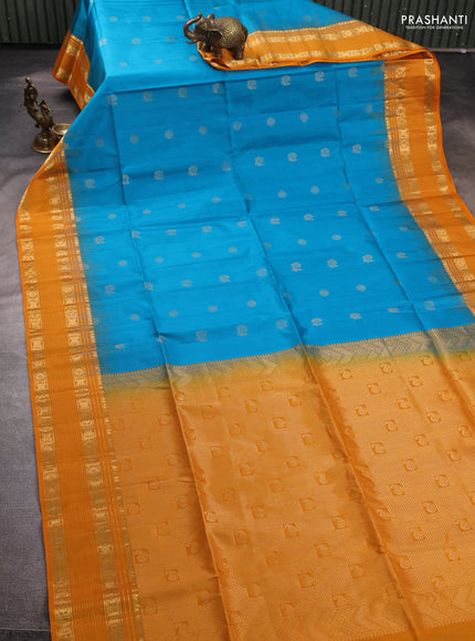 Pure soft silk saree cs blue and mango yellow with allover zari woven buttas and zari woven border