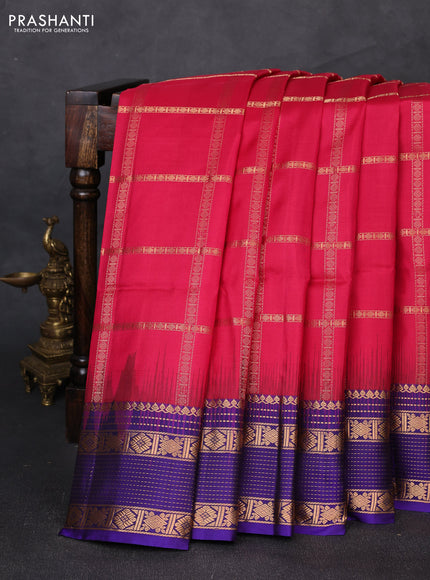 Pure soft silk saree tomato pink and violet with allover zari checked pattern and zari woven border