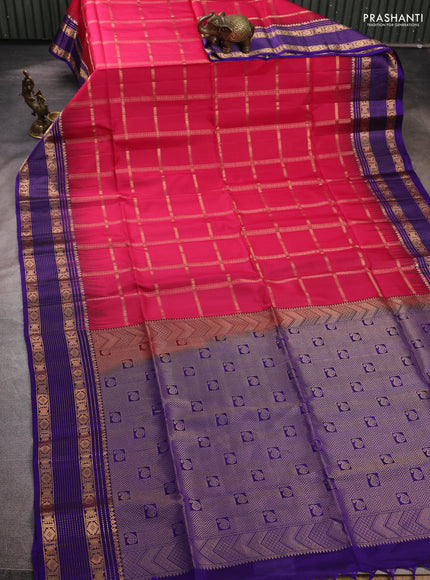 Pure soft silk saree tomato pink and violet with allover zari checked pattern and zari woven border