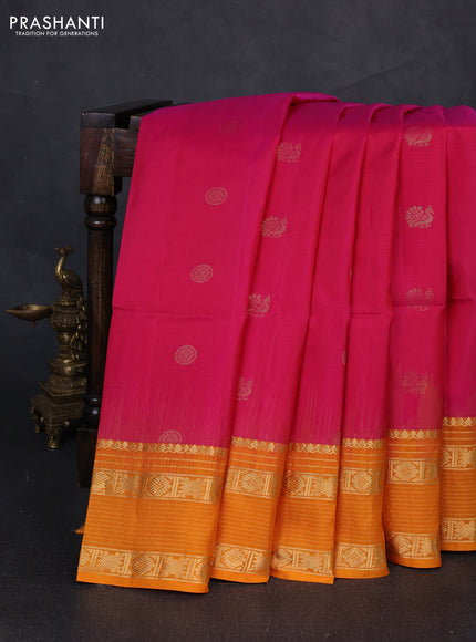 Pure soft silk saree pink and mango yellow with zari woven buttas and zari woven border