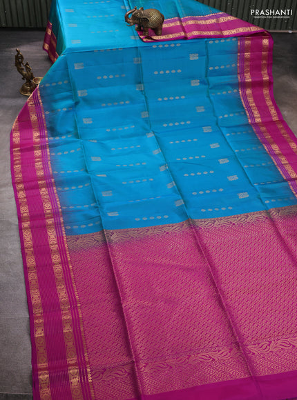 Pure soft silk saree cs blue and magenta pink with allover zari woven buttas and zari woven border