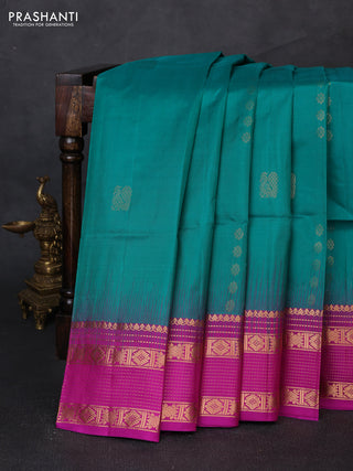 Pure soft silk saree teal green and magenta pink with allover zari woven buttas and zari woven border