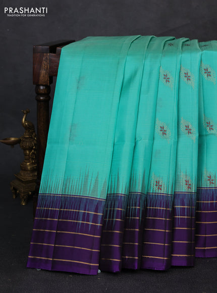 Pure soft silk saree teal blue and violet with zari woven buttas and zari woven border