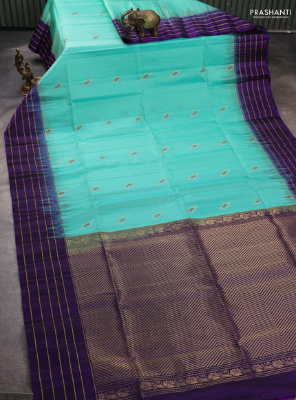 Pure soft silk saree teal blue and violet with zari woven buttas and zari woven border
