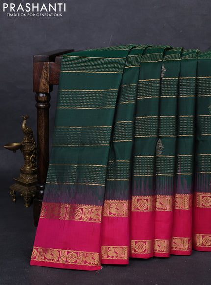 Pure soft silk saree bottle green and pink with allover zari weaves & buttas and rettapet zari woven border