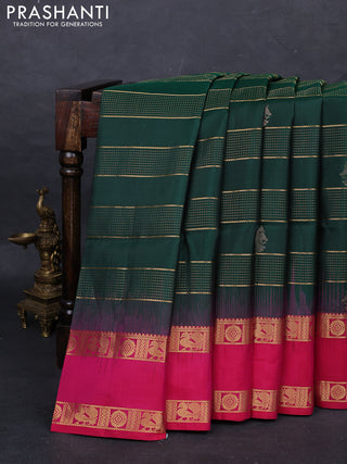Pure soft silk saree bottle green and pink with allover zari weaves & buttas and rettapet zari woven border