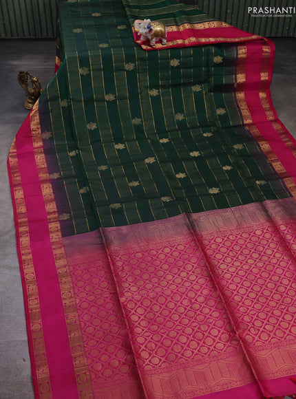 Pure soft silk saree bottle green and pink with allover zari weaves & buttas and rettapet zari woven border