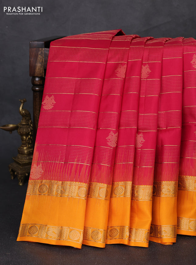 Pure soft silk saree tomato pink and mango yellow with allover zari weaves & buttas and rettapet zari woven border
