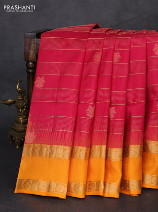 Pure soft silk saree tomato pink and mango yellow with allover zari weaves & buttas and rettapet zari woven border