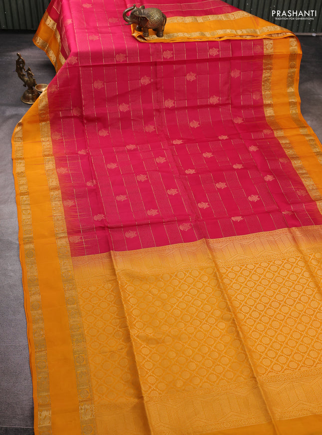 Pure soft silk saree tomato pink and mango yellow with allover zari weaves & buttas and rettapet zari woven border
