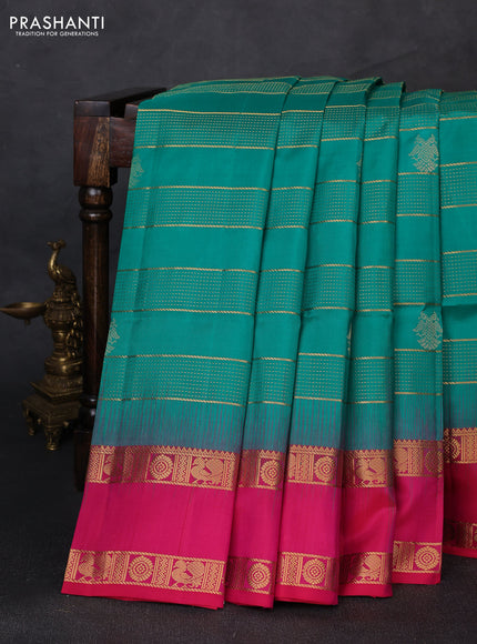 Pure soft silk saree teal green and pink with allover zari weaves & buttas and rettapet zari woven border