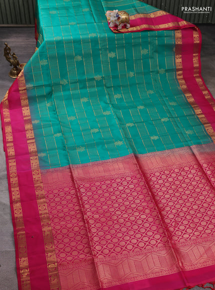 Pure soft silk saree teal green and pink with allover zari weaves & buttas and rettapet zari woven border