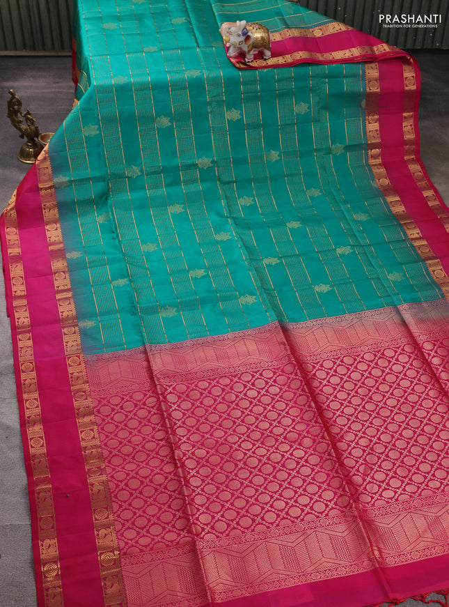 Pure soft silk saree teal green and pink with allover zari weaves & buttas and rettapet zari woven border
