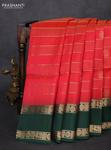 Pure soft silk saree red and bottle green with allover zari weaves & buttas and rettapet zari woven border