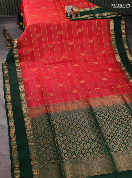 Pure soft silk saree red and bottle green with allover zari weaves & buttas and rettapet zari woven border