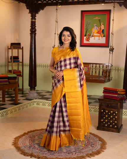 Pure soft silk saree multi colour and mustard yellow with allover paalum pazhamum checked pattern and zari woven simple border