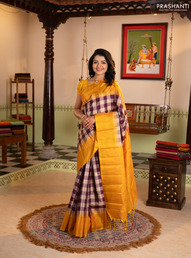 Pure soft silk saree multi colour and mustard yellow with allover paalum pazhamum checked pattern and zari woven simple border