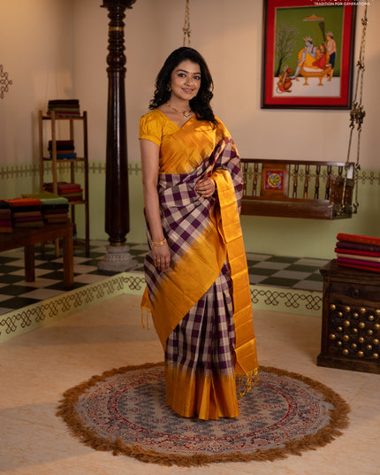 Pure soft silk saree multi colour and mustard yellow with allover paalum pazhamum checked pattern and zari woven simple border