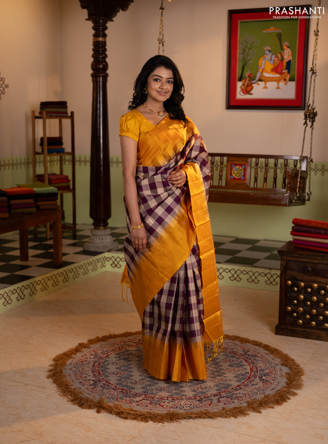 Pure soft silk saree multi colour and mustard yellow with allover paalum pazhamum checked pattern and zari woven simple border