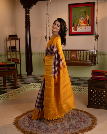 Pure soft silk saree multi colour and mustard yellow with allover paalum pazhamum checked pattern and zari woven simple border