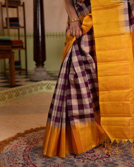 Pure soft silk saree multi colour and mustard yellow with allover paalum pazhamum checked pattern and zari woven simple border