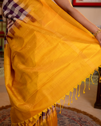 Pure soft silk saree multi colour and mustard yellow with allover paalum pazhamum checked pattern and zari woven simple border