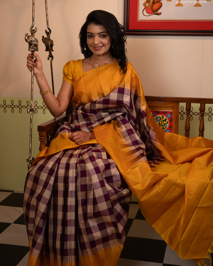 Pure soft silk saree multi colour and mustard yellow with allover paalum pazhamum checked pattern and zari woven simple border